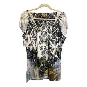 One World Blouse Women's Size XL Floral Tiered Flutter‎ Black White